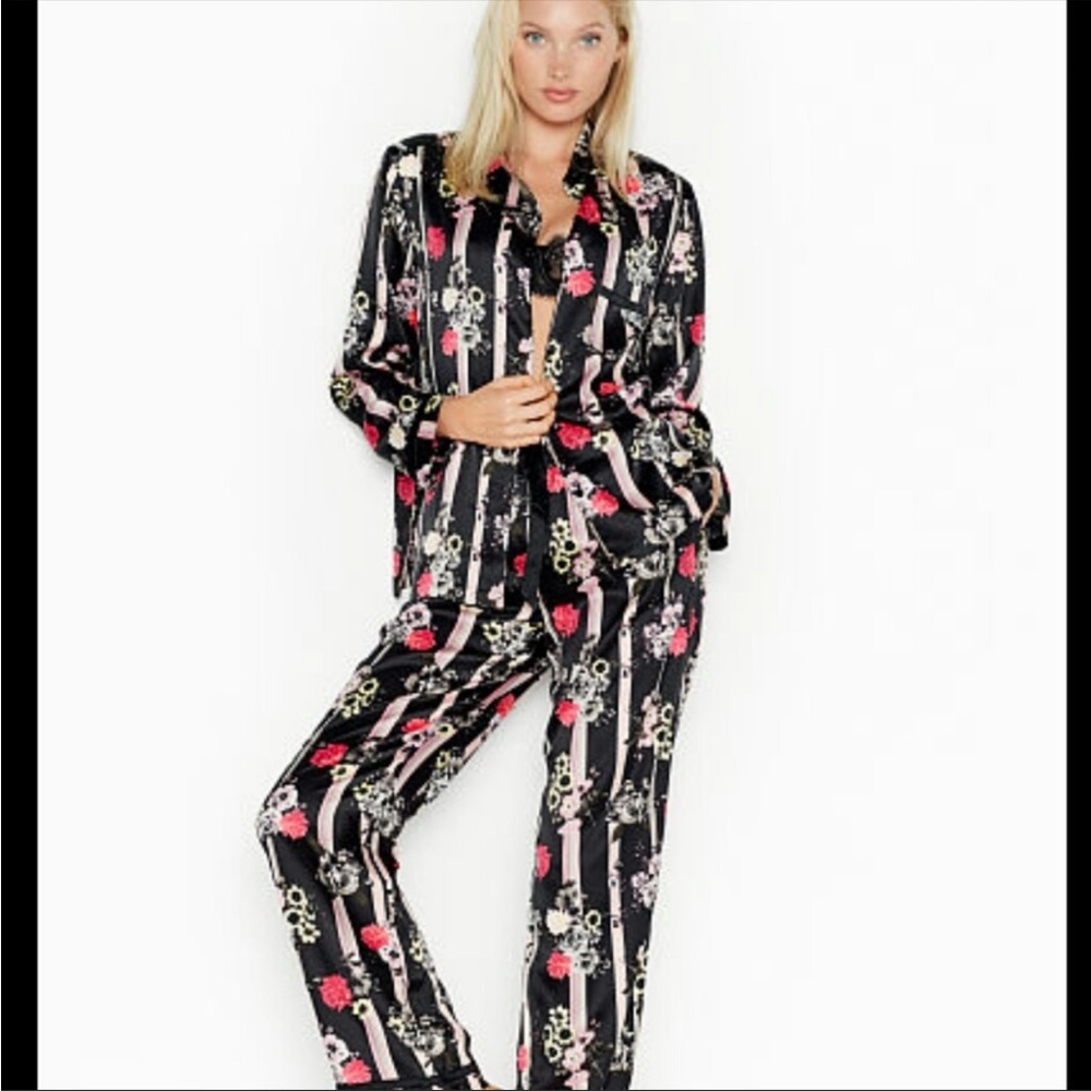 Victoria’s Secret Satin PJ Shirt Black Floral Stripe Size Medium